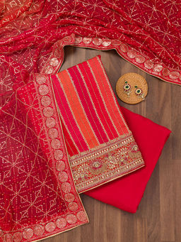 Koskii - Red Zari Semi Crepe Unstitched Salwar Suit (Set of 3)