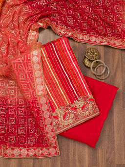 Koskii - Red Sequined Semi Crepe Unstitched Salwar Suit (Set of 3)