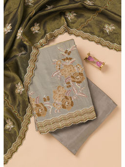 Koskii - Grey Thread Work Semi Crepe Unstitched Salwar Suit (Set of 3)