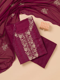 Koskii - Wine Thread Work Semi Crepe Unstitched Salwar Suit (Set of 3)