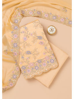 Koskii - Beige Thread Work Semi Crepe Unstitched Salwar Suit (Set of 3)