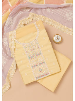 Koskii - Yellow Thread Work Organza Unstitched Salwar Suit (Set of 3)