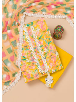 Koskii - Mustard Thread Work Chiffon Unstitched Salwar Suit (Set of 3)