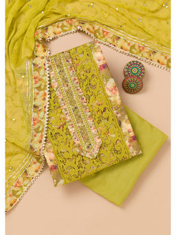 Koskii - Parrot Green Printed Organza Unstitched Salwar Suit (Set of 3)