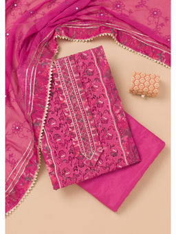 Koskii - Pink Printed Organza Unstitched Salwar Suit (Set of 3)