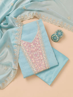 Koskii - Sky Blue Zari Tissue Unstitched Salwar Suit (Set of 3)