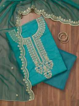 Koskii - Teal Zari Tissue Unstitched Salwar Suit (Set of 3)