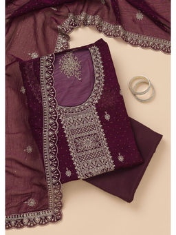 Koskii - Wine Thread Work Art Silk Unstitched Salwar Suit (Set of 3)
