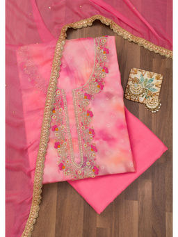 Koskii - Pink Zari Organza Unstitched Salwar Suit (Set of 3)