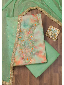 Koskii - Pista Green Zari Organza Unstitched Salwar Suit (Set of 3)