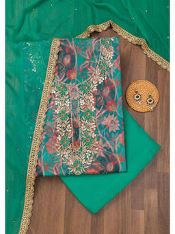 Koskii - Leaf Green Sequined Organza Unstitched Salwar Suit (Set of 3)