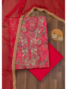 Koskii - Red Zari Embroidered Organza Unstitched Salwar Suit (Set of 3)