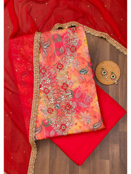 Koskii - Red Embroidered Organza Unstitched Salwar Suit (Set of 3)