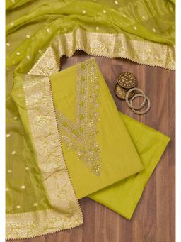 Koskii - Parrot Green Zari Raw Silk Unstitched Salwar Suit (Set of 3)