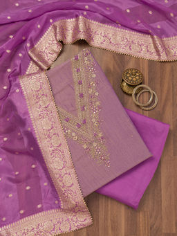 Koskii - Purple Zari Raw Silk Unstitched Salwar Suit (Set of 3)