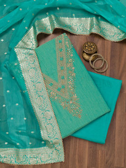 Koskii - Sea Green Zari Raw Silk Unstitched Salwar Suit (Set of 3)