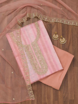 Koskii - Pink Zari Semi Crepe Unstitched Salwar Suit (Set of 3)