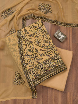 Koskii - Mustard Thread Work Georgette Unstitched Salwar Suit (Set of 3)