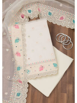 Koskii - White Thread Work Organza Unstitched Salwar Suit (Set of 3)