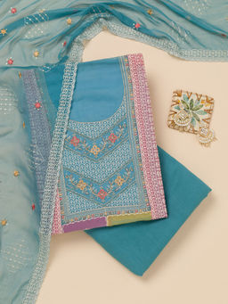 Koskii - Sky Blue Thread Work Organza Unstitched Salwar Suit (Set of 3)