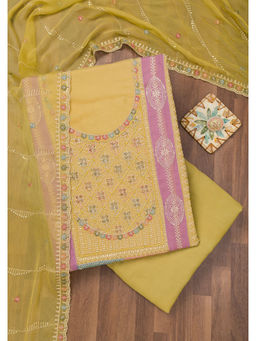 Koskii - Mehendi Thread Work Semi Crepe Unstitched Salwar Suit (Set of 3)