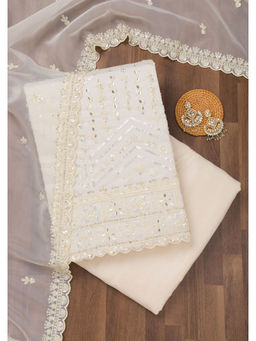 Koskii - White Embellished/Sequined Georgette Unstitched Salwar Suit (Set of 3)