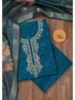 Koskii - Teal Zari Cotton Unstitched Salwar Suit (Set of 3)