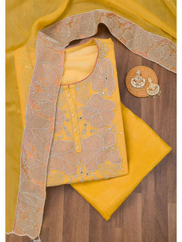 Koskii - Mustard Zari Semi Crepe Unstitched Salwar Suit (Set of 3)