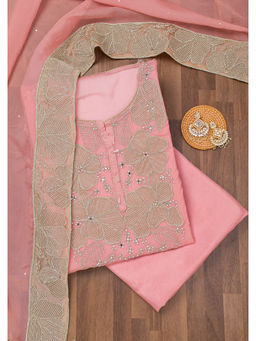 Koskii - Pink Zari Semi Crepe Unstitched Salwar Suit (Set of 3)