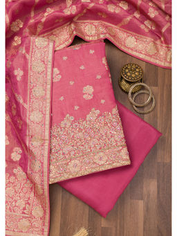 Koskii - Onion Pink Zari Semi Crepe Unstitched Salwar Suit (Set of 3)