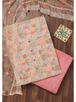 Koskii - Pink Zari Semi Crepe Unstitched Salwar Suit (Set of 3)