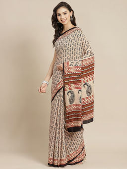 Juniper - Brown Cotton Mulmul Bagru Hand Block Saree With Unstitched Blouse