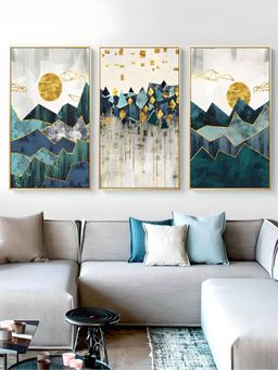 The Handmade Flair - Blue Green Mountain Landscape Framed Wall Art (Pack of 3)