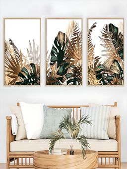 The Handmade Flair - Brown & Green Leaves-Printed Framed Wall Art (Pack of 3)