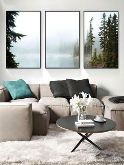 The Handmade Flair - Grey Misty Mountain Landscape Printed Framed Wall Art (Pack of 3)