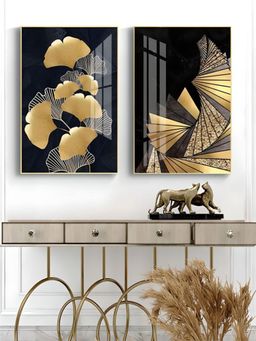 The Handmade Flair - Black Gold Toned Botanical Canvas Wall Art (Pack of 2)