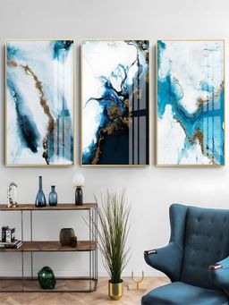The Handmade Flair - Blue Liquid Marble Printed Framed Canvas Wall Art (Pack of 3)