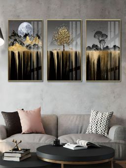 The Handmade Flair - Grey & Blue Tree Moon Landscape Framed Wall Art (Pack of 3)