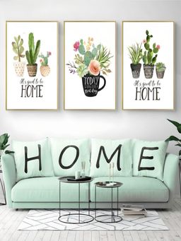The Handmade Flair - Green & White Cactus Plant Pots Botanic Painting Wall Art (Pack of 3)