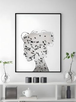 The Handmade Flair - Off White Birds Flying Silhouette Of Girl Poster Painting Wall Art