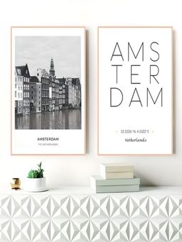 The Handmade Flair - White & Black Amsterdam City Landscape Wall Art (Pack of 2)