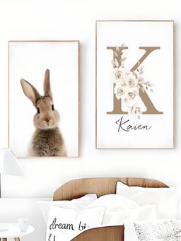 The Handmade Flair - White Personalized Babys Name Cute Bunny Poster Wall Arts (Pack of 2)