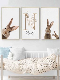 The Handmade Flair - Off-White Cute Bunny Poster Framed Wall Art (Pack of 3)