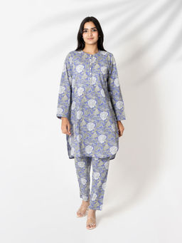 Kameez - Bluish Purple Hand Block Print Cotton Co-Ord (Set of 2)