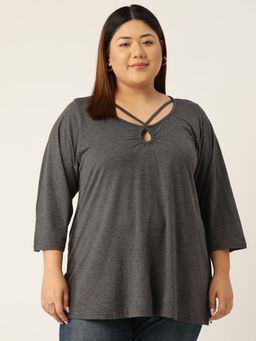 theRebelinme - Plus Size Womens Charcoal Solid Color Keyhole Neck Knitted Top