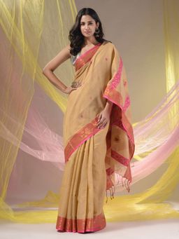 CHARUKRITI - Beige Cotton Blend Handwoven Nakshi Design Saree with Unstitched Blouse