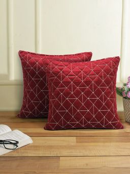Eyda - Velvet Maroon Color Set of 2 Quilted Cushion Cover (18x18 Inch)