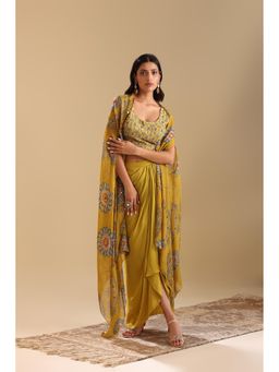 Soup by Sougat Paul - Yellow Eraya Embellished Top with Skirt and Cape (Set of 3)