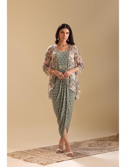 Soup by Sougat Paul - Green Eraya Embellished Drape Dress with Jacket (Set of 2)
