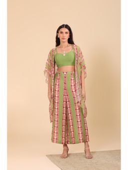 Soup by Sougat Paul - Green Naqsh Embellished Palazzo with Cape and Crop Top (Set of 3)
